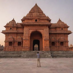 A 16-year-old boy standing in front of the majestic Sri Ram Mandir (temple) during the sunset, capturing the intricate architectural details of the temple.
