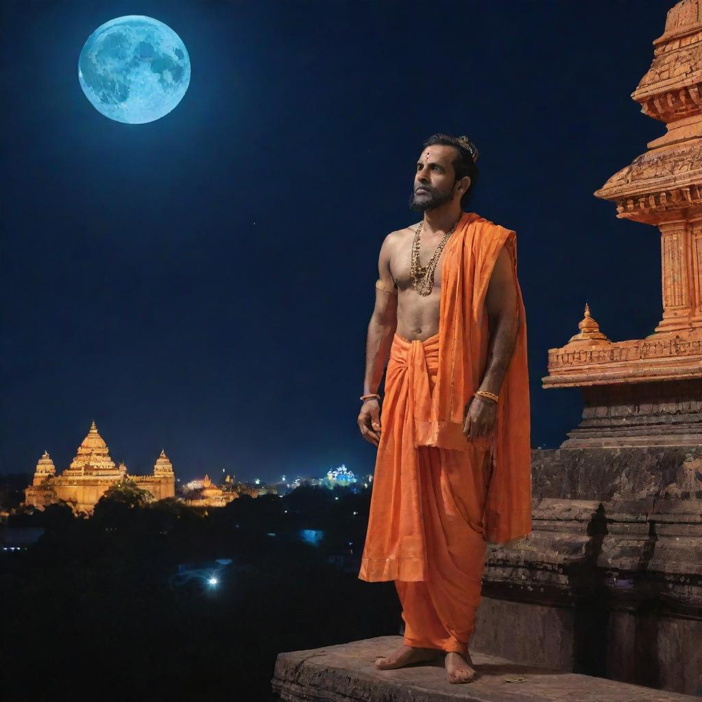 Lord Rama in traditional attire gazing at the majestic Ram Mandir illuminated under the moonlight with awe and reverence.