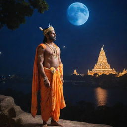 Lord Rama in traditional attire gazing at the majestic Ram Mandir illuminated under the moonlight with awe and reverence.