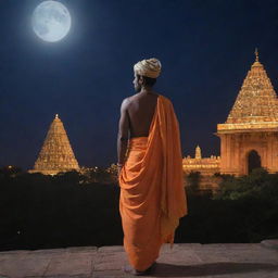 Lord Rama in traditional attire gazing at the majestic Ram Mandir illuminated under the moonlight with awe and reverence.