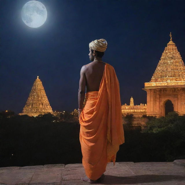 Lord Rama in traditional attire gazing at the majestic Ram Mandir illuminated under the moonlight with awe and reverence.