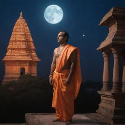 Lord Rama in traditional attire gazing at the majestic Ram Mandir illuminated under the moonlight with awe and reverence.