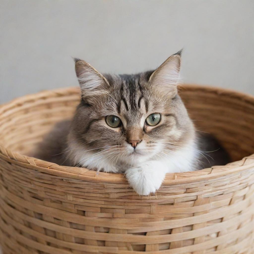 A cute, fluffy cat with sparkling eyes comfortably tucked into a woven basket