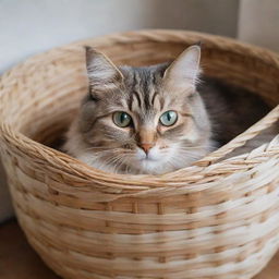 A cute, fluffy cat with sparkling eyes comfortably tucked into a woven basket