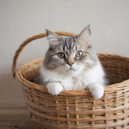 A cute, fluffy cat with sparkling eyes comfortably tucked into a woven basket