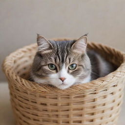 A cute, fluffy cat with sparkling eyes comfortably tucked into a woven basket