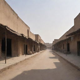 A tranquil yet eerie scene capturing a deserted bazaar in a Pakistani village, with closed shop fronts, empty walkways and the dusty stillness hanging in the air.