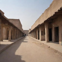 A tranquil yet eerie scene capturing a deserted bazaar in a Pakistani village, with closed shop fronts, empty walkways and the dusty stillness hanging in the air.