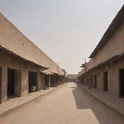 A tranquil yet eerie scene capturing a deserted bazaar in a Pakistani village, with closed shop fronts, empty walkways and the dusty stillness hanging in the air.