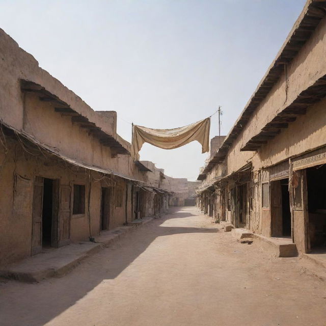 A tranquil yet eerie scene capturing a deserted bazaar in a Pakistani village, with closed shop fronts, empty walkways and the dusty stillness hanging in the air.