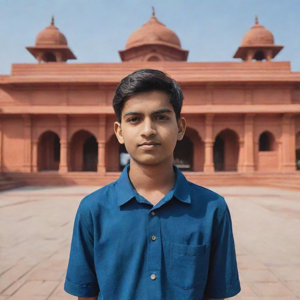 Portrait of a 16-year-old boy named Shlok, standing in front of the Ram Mandir with an AI generated background.