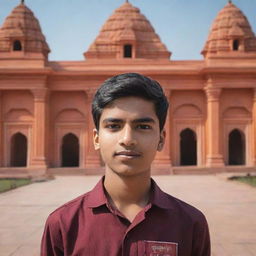 Portrait of a 16-year-old boy named Shlok, standing in front of the Ram Mandir with an AI generated background.