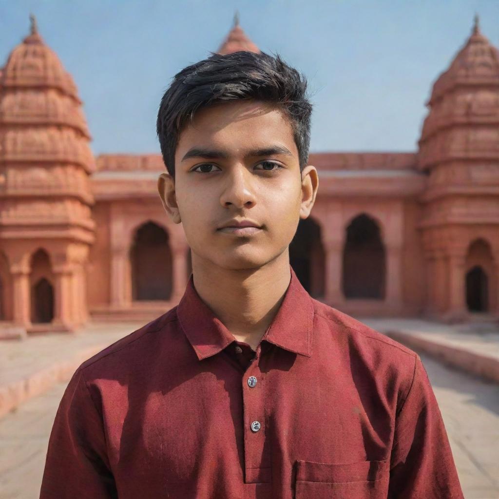 Portrait of a 16-year-old boy named Shlok, standing in front of the Ram Mandir with an AI generated background.