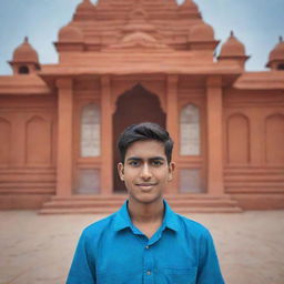 Portrait of a 16-year-old boy named Shlok, standing in front of the Ram Mandir with an AI generated background.