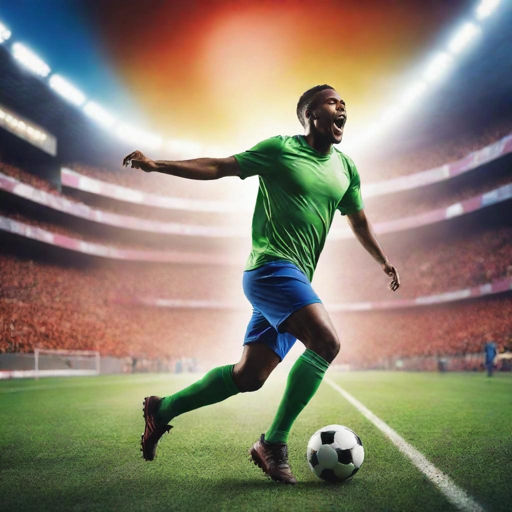 A vibrant and energetic football themed background featuring a football pitch, action-packed player silhouettes and cheering crowds, ideal for a website backdrop