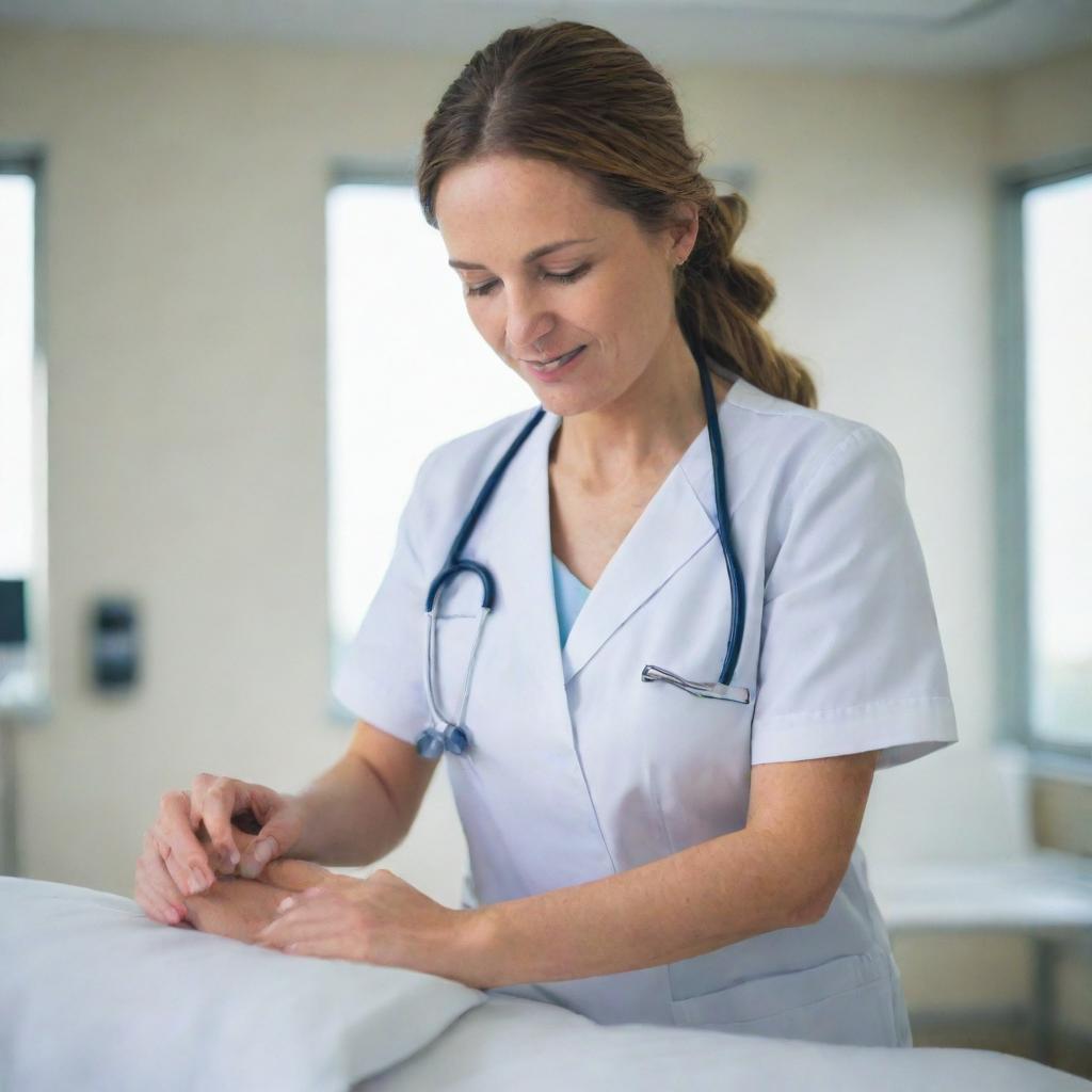 A professional nurse in a brightly lit, modern hospital, carefully checking a patient's vitals in a serene, clean environment.