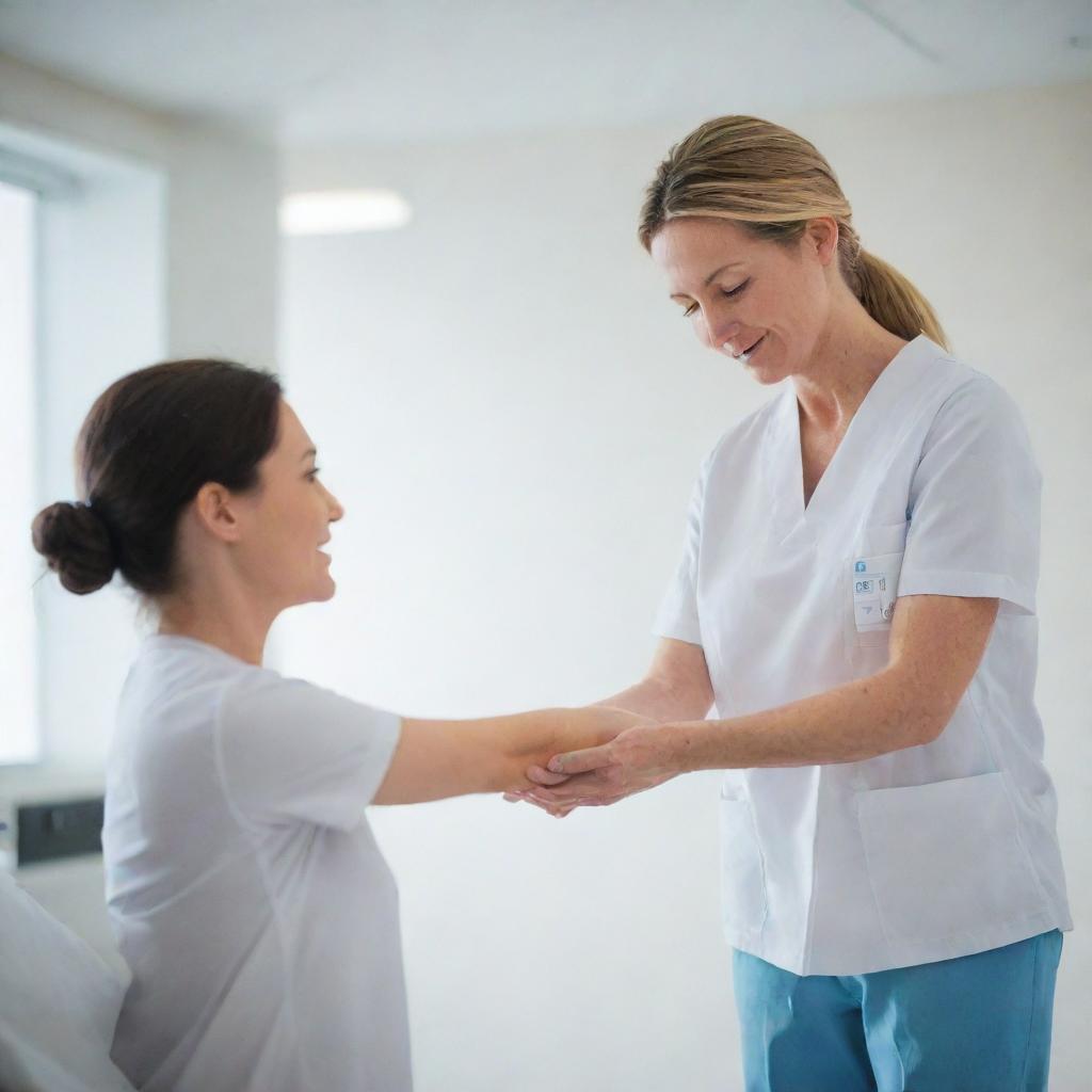 A professional nurse in a brightly lit, modern hospital, carefully checking a patient's vitals in a serene, clean environment.