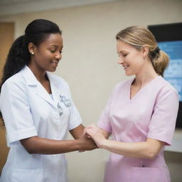 A professional nurse in a brightly lit, modern hospital, carefully checking a patient's vitals in a serene, clean environment.