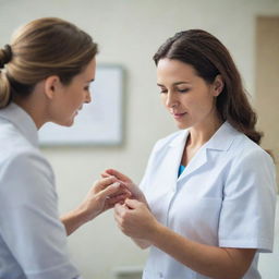 A professional nurse in a brightly lit, modern hospital, carefully checking a patient's vitals in a serene, clean environment.