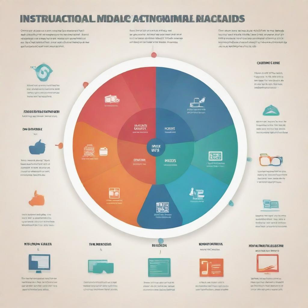 Create an educational infographic illustrating the relationship between 'Instructional Media', 'Instructional Aids', and 'Instructional Materials'. Include relevant icons, arrows, and labels to represent the overlap and interaction of these concepts.