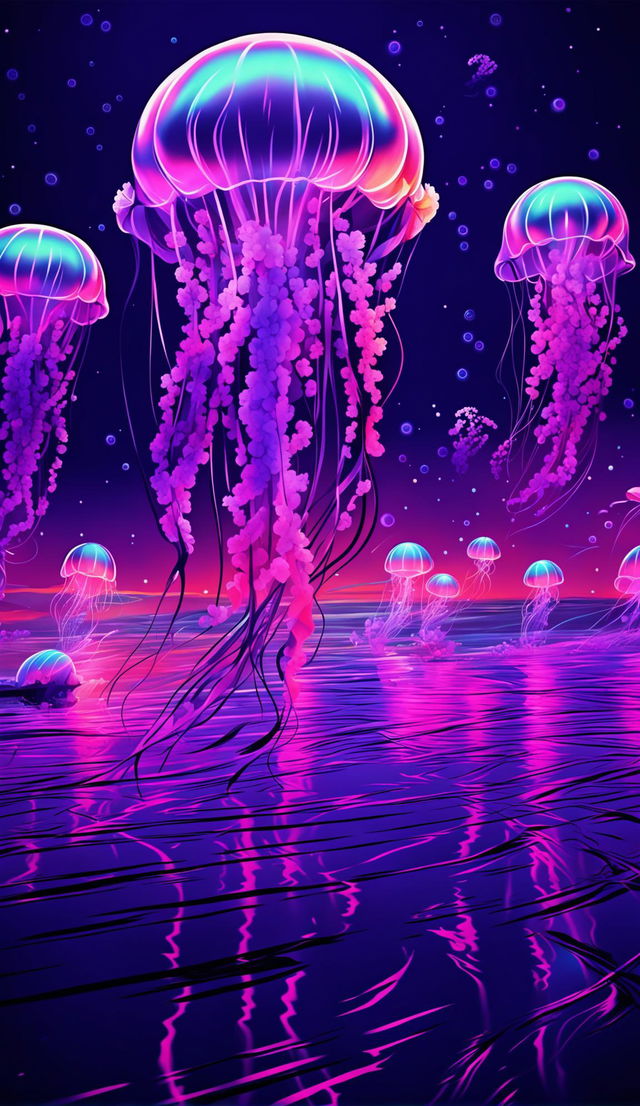 Surreal landscape with floating jellyfish in a cyberpunk colour style.