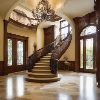 The coiling staircase in the grand foyer adds a touch of elegance to the architectural design of the mansion.