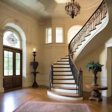 The coiling staircase in the grand foyer adds a touch of elegance to the architectural design of the mansion.