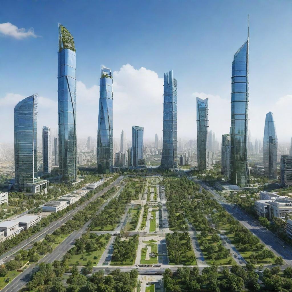 Futuristic cityscape of Pakistan in 2050 with advanced technology, green parks, steel and glass skyscrapers under a blue sky