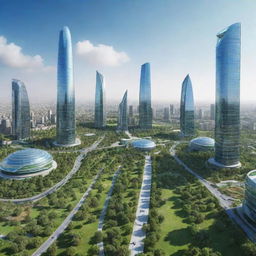 Futuristic cityscape of Pakistan in 2050 with advanced technology, green parks, steel and glass skyscrapers under a blue sky