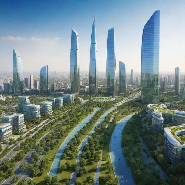 Futuristic cityscape of Pakistan in 2050 with advanced technology, green parks, steel and glass skyscrapers under a blue sky