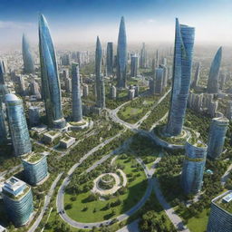 Futuristic cityscape of Pakistan in 2050 with advanced technology, green parks, steel and glass skyscrapers under a blue sky