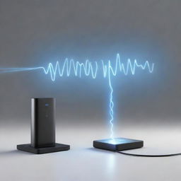 Conceptual illustration of wireless electricity transmission, featuring a power source sending electric waves to a device through the air.