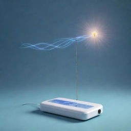 Conceptual illustration of wireless electricity transmission, featuring a power source sending electric waves to a device through the air.