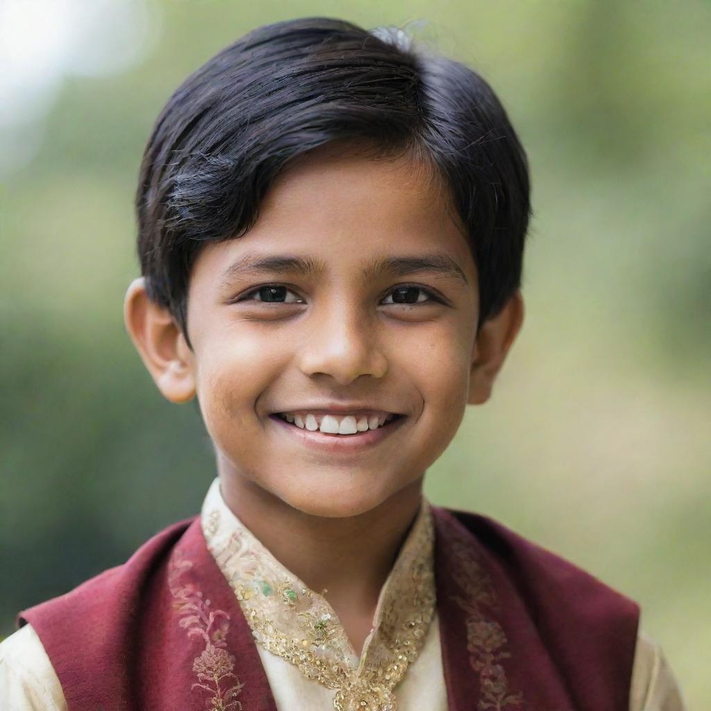 A smiling young Indian boy wearing traditional Indian clothing, with glossy black hair and sparkling brown eyes