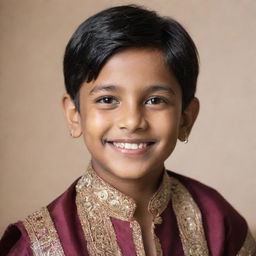 A smiling young Indian boy wearing traditional Indian clothing, with glossy black hair and sparkling brown eyes