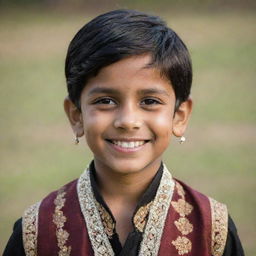 A smiling young Indian boy wearing traditional Indian clothing, with glossy black hair and sparkling brown eyes