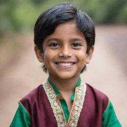 A smiling young Indian boy wearing traditional Indian clothing, with glossy black hair and sparkling brown eyes