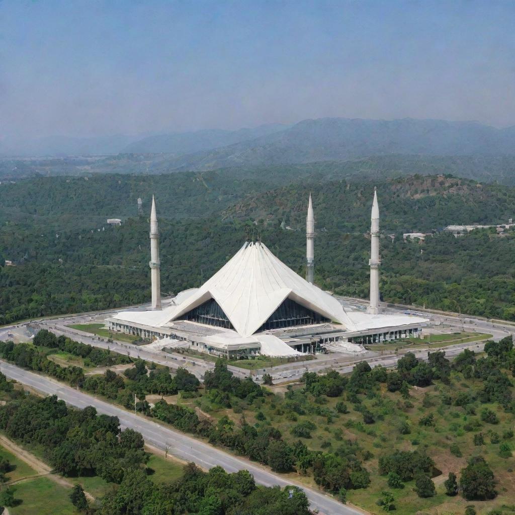 Beautiful view of Faisal Mosque in Islamabad, surrounded by lush green landscape under the clear blue sky.