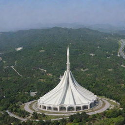 Beautiful view of Faisal Mosque in Islamabad, surrounded by lush green landscape under the clear blue sky.