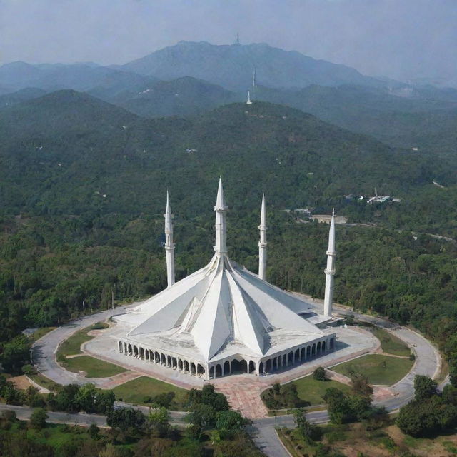 Beautiful view of Faisal Mosque in Islamabad, surrounded by lush green landscape under the clear blue sky.