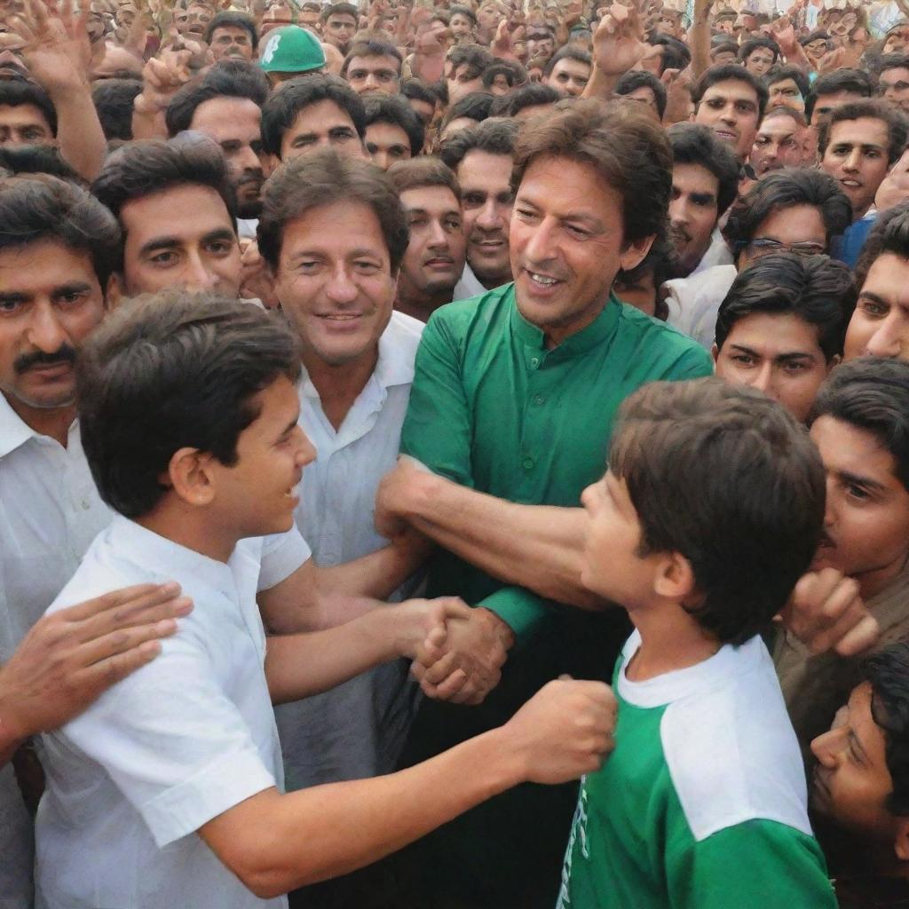 A young boy named Muneeb, wearing a PTI (Pakistan Tehreek-e-Insaaf) shirt, shaking hands with Imran Khan amidst a crowd of enthusiastic PTI supporters.