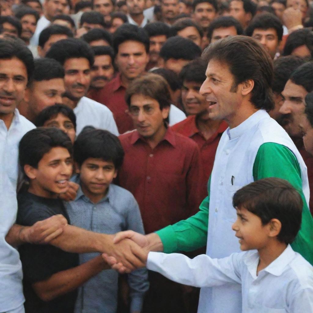 A young boy named Muneeb, wearing a PTI (Pakistan Tehreek-e-Insaaf) shirt, shaking hands with Imran Khan amidst a crowd of enthusiastic PTI supporters.