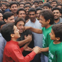 A young boy named Muneeb, wearing a PTI (Pakistan Tehreek-e-Insaaf) shirt, shaking hands with Imran Khan amidst a crowd of enthusiastic PTI supporters.