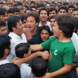 A young boy named Muneeb, wearing a PTI (Pakistan Tehreek-e-Insaaf) shirt, shaking hands with Imran Khan amidst a crowd of enthusiastic PTI supporters.