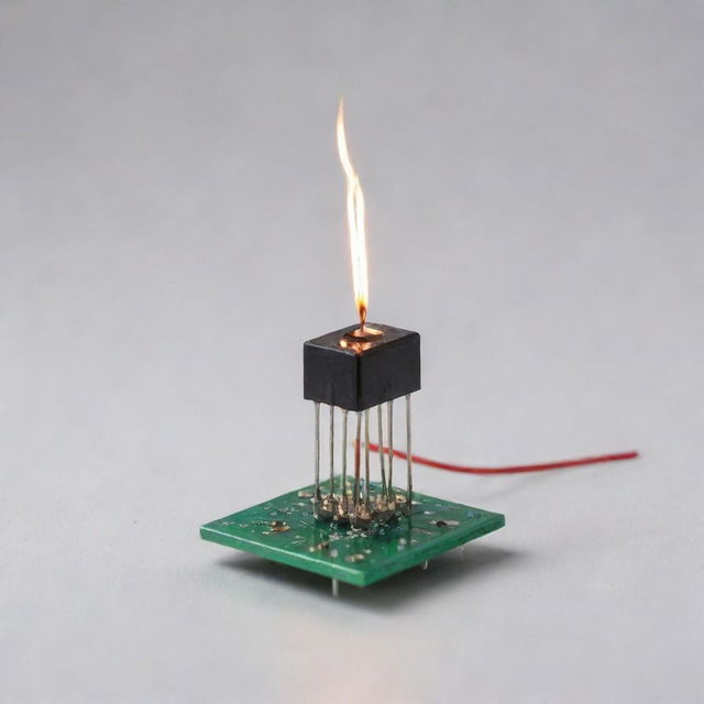 A demonstration of wireless electricity transfer using a 2N2222A transistor, with sparks of electricity jumping between two points, surrounded by assorted capacitors and resistors on a clean and well-lit background