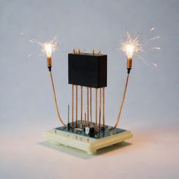 A demonstration of wireless electricity transfer using a 2N2222A transistor, with sparks of electricity jumping between two points, surrounded by assorted capacitors and resistors on a clean and well-lit background