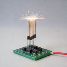 A demonstration of wireless electricity transfer using a 2N2222A transistor, with sparks of electricity jumping between two points, surrounded by assorted capacitors and resistors on a clean and well-lit background