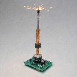 A demonstration of wireless electricity transfer using a 2N2222A transistor, with sparks of electricity jumping between two points, surrounded by assorted capacitors and resistors on a clean and well-lit background