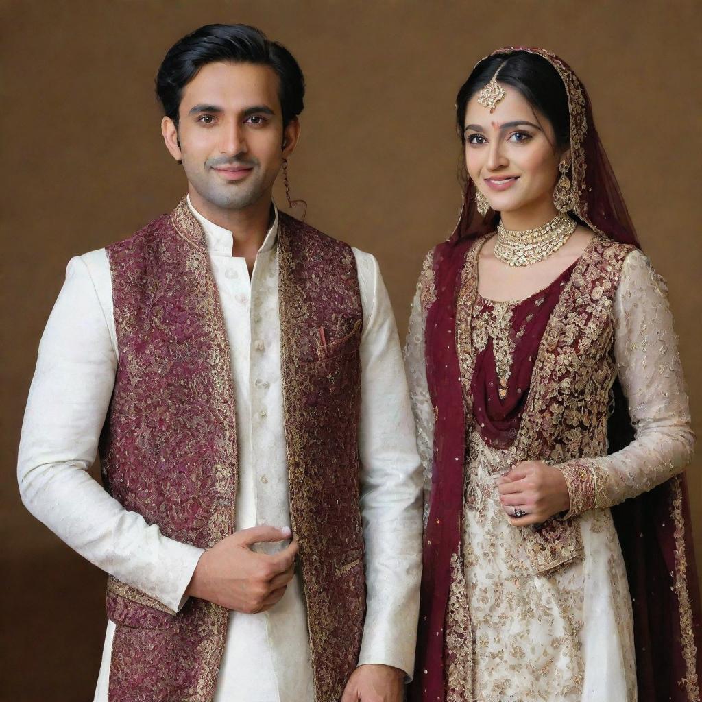 Pakistani traditional bride and groom. The bride is wearing a white dress with a maroon shawl, and the groom in a white dress with a maroon waistcoat.