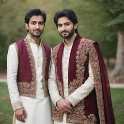 Pakistani traditional bride and groom. The bride is wearing a white dress with a maroon shawl, and the groom in a white dress with a maroon waistcoat.